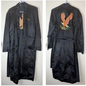 Vintage Smoking Robe Eagle Embroidery Black Satin Embossed
